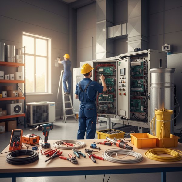 Instalator montuje klimatyzator split na ścianie - kontakty do firm instalatorskich klimatyzacji i alarmów PKD 4322Z