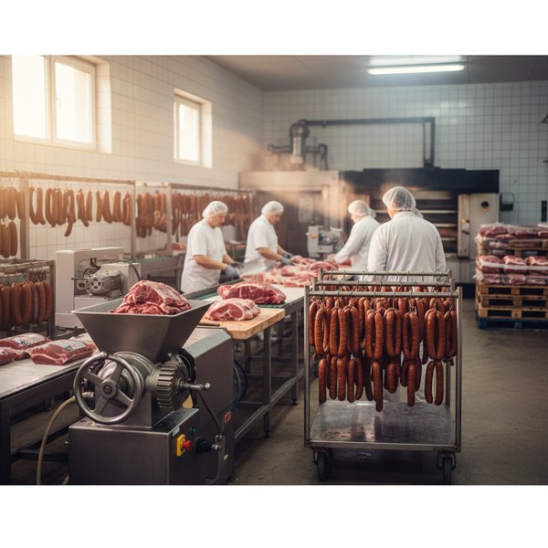 Zakład mięsny z wędliniarzem przy linii produkcyjnej - kontakty do polskich zakładów przetwórstwa mięsnego PKD 1011Z