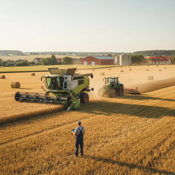 Pole uprawne z kombajnem podczas żniw - kontakty do polskich firm rolnych sekcji A PKD 2025
