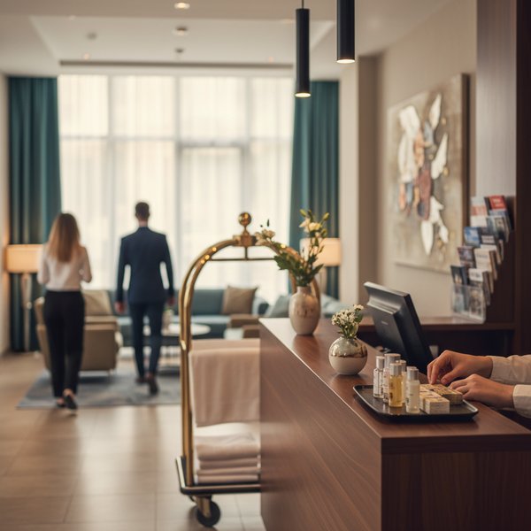 Recepcja hotelu z personelem i gośćmi - kontakty do polskich firm hotelarskich PKD 5510Z