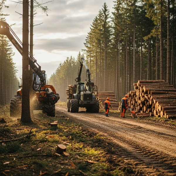 Harwester pozyskuje drewno w polskim lesie - kontakty do firm leśnictwa i pozyskiwania drewna PKD 02X