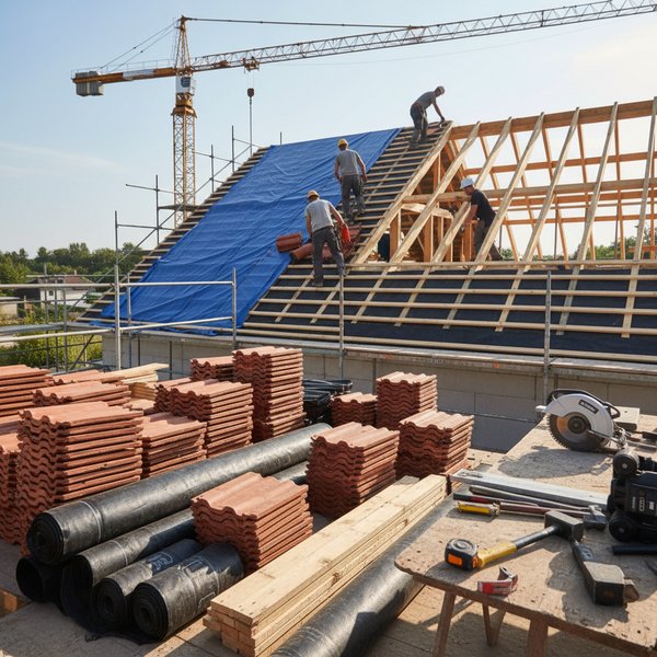 Dekarz na dachu kładący pokrycie - kontakty do polskich firm dekarskich i blacharzy dachowych PKD 4391Z