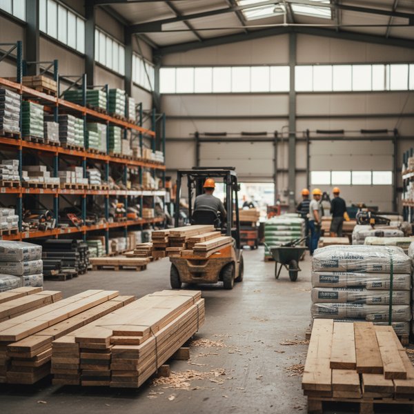 Skład budowlany z paletami materiałów - kontakty do dystrybutorów drewna i materiałów PKD 4673Z