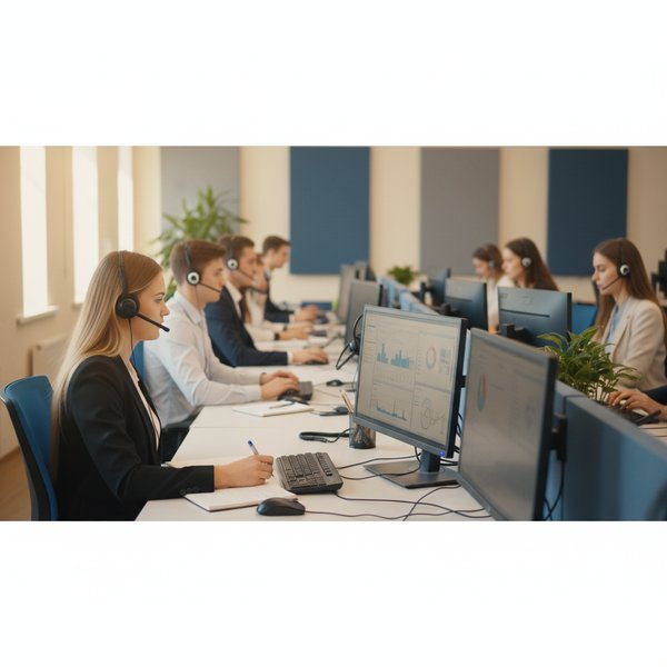 Sala call center z konsultantami przy słuchawkach - kontakty do centrów obsługi klienta PKD 8220Z