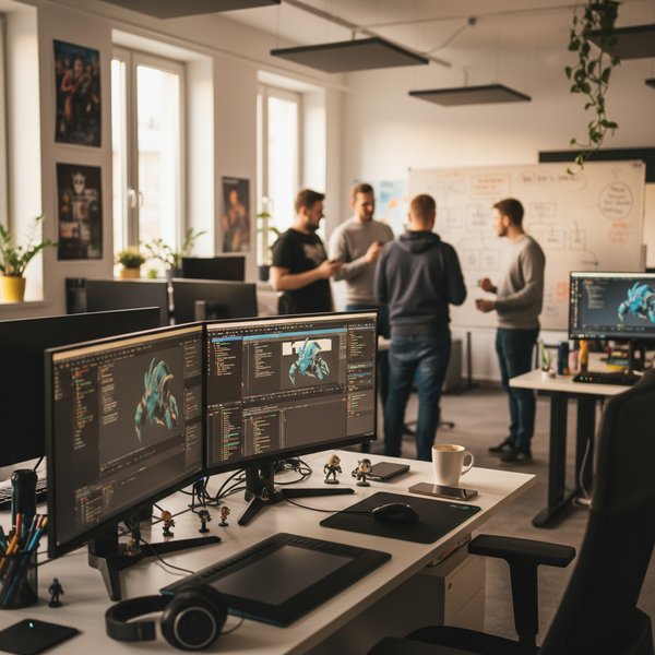 Programista gier przy ekranach z silnikiem 3D - kontakty do deweloperów gier komputerowych PKD 5821Z