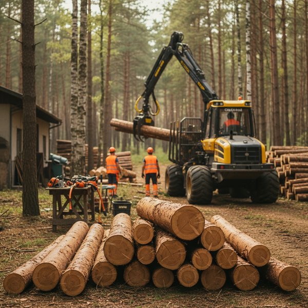 Harvester leśny przy zrywce drewna - kontakty do polskich zakładów usług leśnych PKD 0240Z