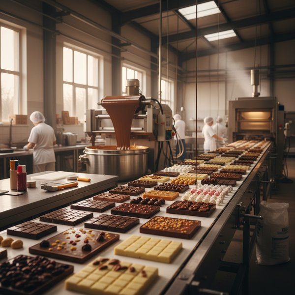 Tabliczki czekolady na linii produkcyjnej - kontakty do polskich producentów czekolady PKD 1082Z