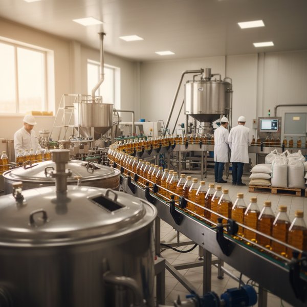 Butelki oleju rzepakowego na taśmie produkcyjnej - kontakty do polskich producentów olejów i tłuszczów PKD 1041Z