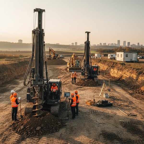 Wiertnica geologiczna z rdzeniami w pracy - kontakty do firm geologiczno-inżynierskich PKD 7112Z