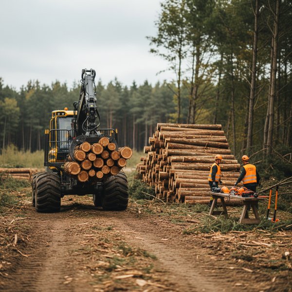 Harwester podczas pozyskiwania drewna w lesie - kontakty do firm pozyskujących drewno PKD 0220Z