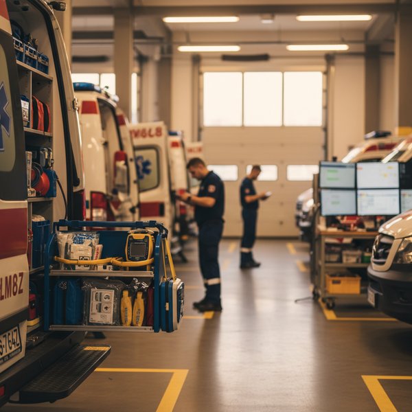 Ambulans pogotowia ratunkowego z ratownikami - kontakty do polskich stacji pogotowia ratunkowego PKD 8690B