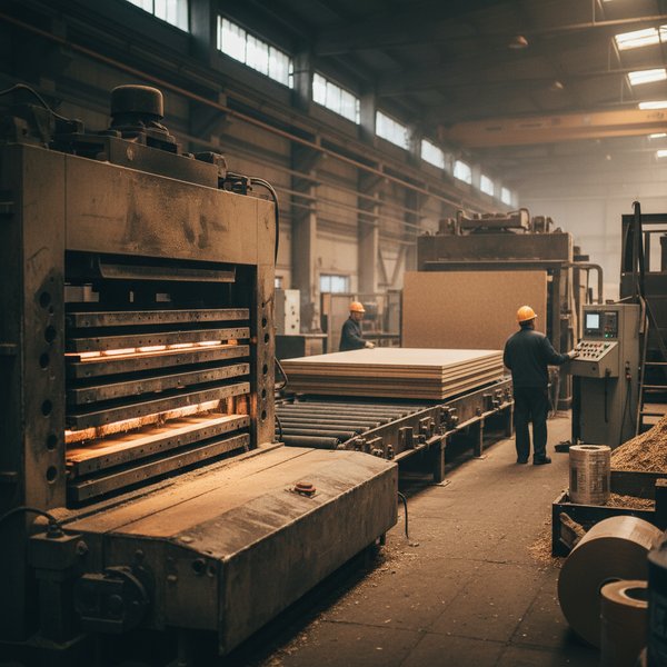 Linia prasowania płyt MDF w fabryce - kontakty do polskich producentów płyt drewnopochodnych PKD 1621Z