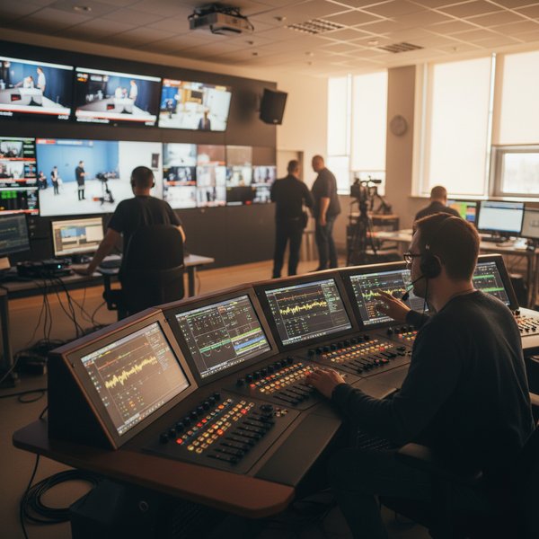 Studio telewizyjne z kamerami i prezenterką - kontakty do polskich nadawców telewizyjnych PKD 6020Z