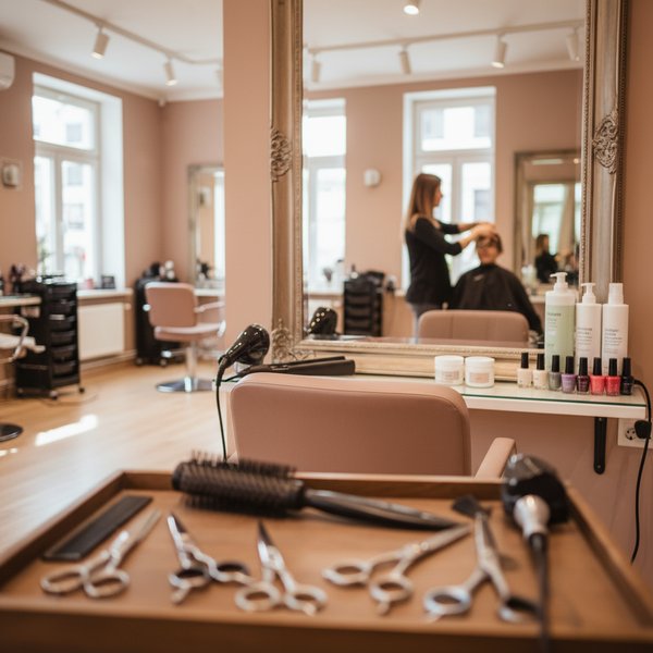 Salon fryzjerski z fryzjerką przy pracy nad fryzurą klientki - kontakty do polskich salonów fryzjerskich i kosmetycznych PKD 9602Z