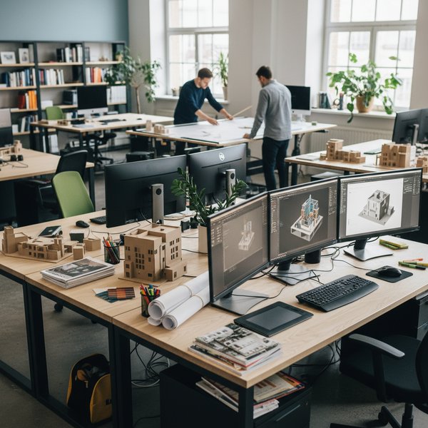 Architekt projektujący budynek na monitorze CAD - kontakty do polskich biur architektonicznych PKD 7111Z