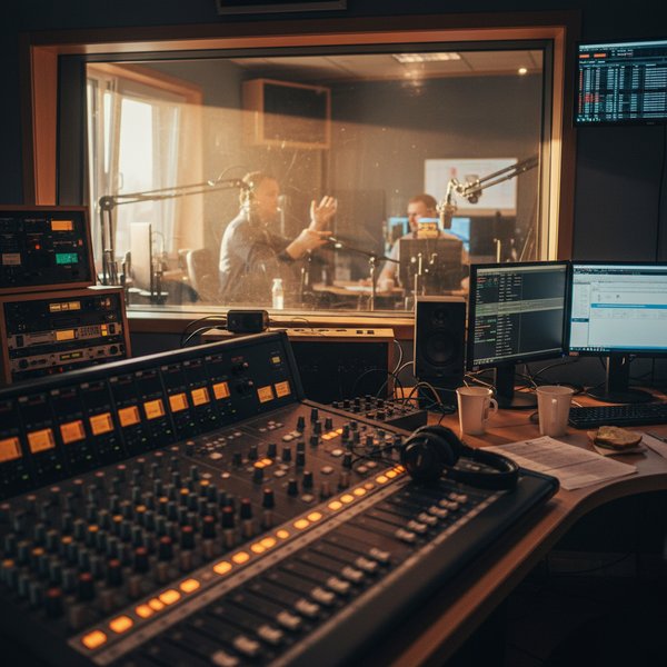 Studio nadawcze radia z konsoletą i mikrofonem - kontakty do polskich nadawców stacji radiowych PKD 6010Z
