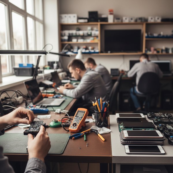 Technik serwisuje smartfona ze stacji lutowniczej - kontakty do serwisów sprzętu elektronicznego PKD 9521Z