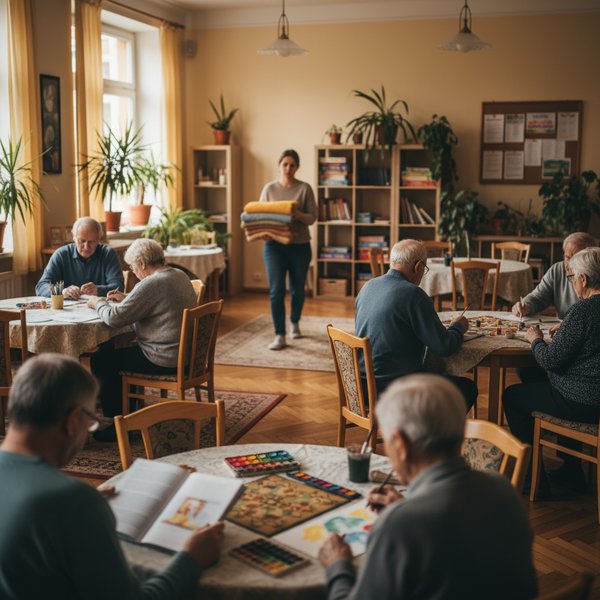 Pracownik socjalny OPS rozmawiający z osobą starszą - kontakty do polskich centrów pomocy społecznej PKD 8899Z