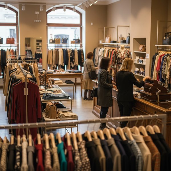 Sklep odzieżowy z wieszakami i klientką - kontakty do polskich butików i salonów odzieżowych PKD 4771Z