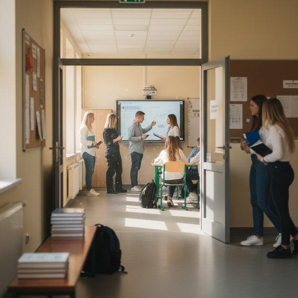 Sala lekcyjna w liceum ogólnokształcącym z uczniami - kontakty do polskich liceów ogólnokształcących PKD 8531A