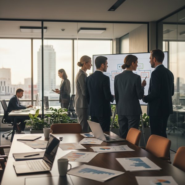 Konsultanci omawiający strategię biznesową - kontakty do polskich firm konsultingowych PKD 7022Z