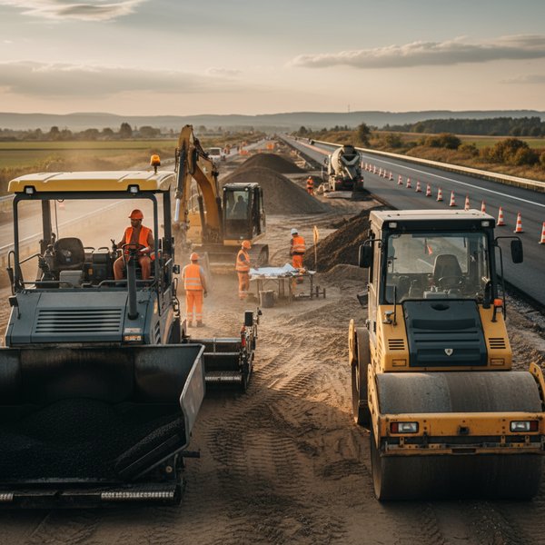 Walec drogowy na budowie autostrady - kontakty do polskich firm budowy dróg i autostrad PKD 4211Z