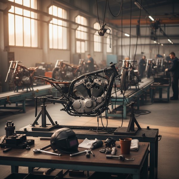 Motocykl Junak Reborn na hali montażowej - kontakty do polskich producentów motocykli PKD 3091Z