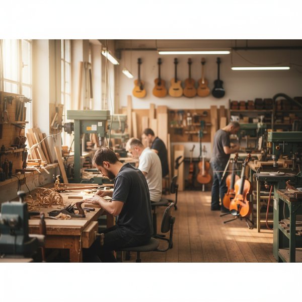 Lutnik wykonuje gitarę akustyczną przy warsztacie - kontakty do polskich producentów instrumentów PKD 3220Z