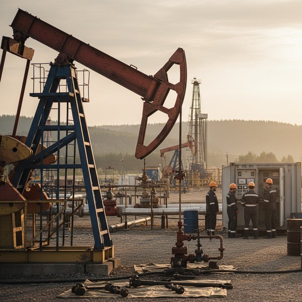 Pumpjack na polu naftowym o świcie - kontakty do polskich operatorów wydobycia ropy PKD 0610Z