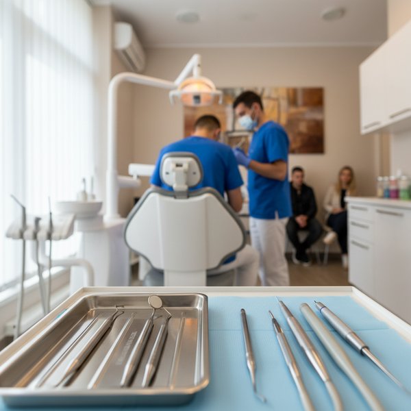 Dentysta z pacjentem przy fotelu stomatologicznym - kontakty do polskich gabinetów dentystycznych PKD 8623Z