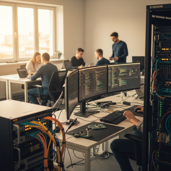 Programiści przy ekranach z kodem w software house - kontakty do polskich firm IT PKD 6201Z