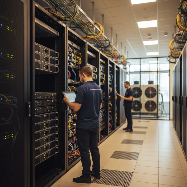 Wnętrze serwerowni data center z szafami - kontakty do dostawców hostingu i przetwarzania danych PKD 6311Z