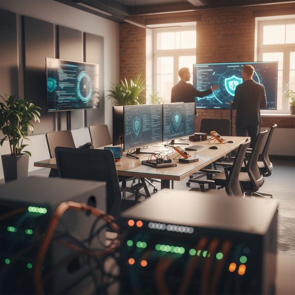 Operator SOC w centrum cyberbezpieczeństwa z monitorami - kontakty do firm cyberbezpieczeństwa PKD 6209Z