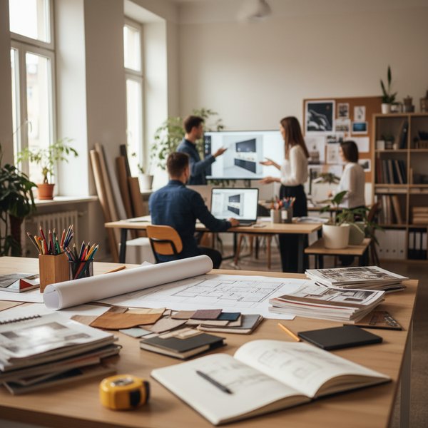 Architekt wnętrz prezentuje projekt klientowi - kontakty do polskich firm projektowania wnętrz PKD 7410Z