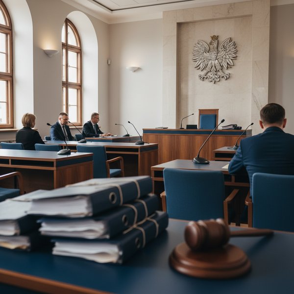 Sala sądu z balustradą i godłem - kontakty do polskich sądów i instytucji wymiaru sprawiedliwości PKD 8423Z