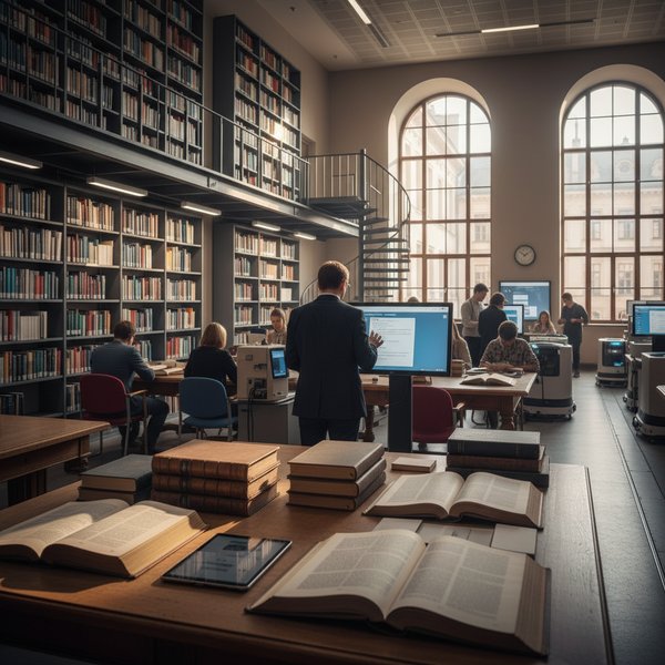 Biblioteka publiczna z czytelnikami przy regałach - kontakty do polskich bibliotek publicznych i naukowych PKD 9111Z