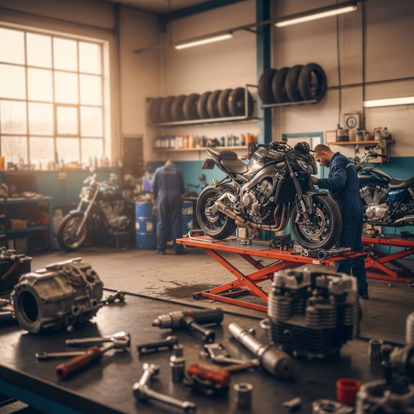 Mechanik motocyklowy przy hondzie na podnośniku - kontakty do polskich serwisów motocyklowych PKD 4540Z