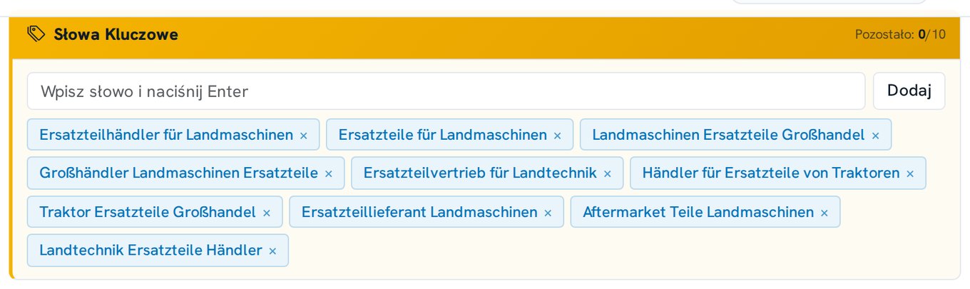 Lista wygenerowanych niemieckich fraz i wypełniony filtr z krajem Niemcy