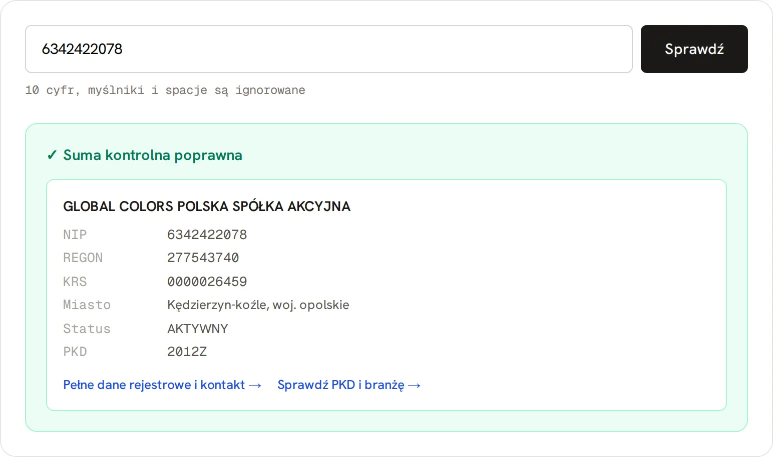 Walidator NIP: poprawna suma kontrolna i dane aktywnej spółki