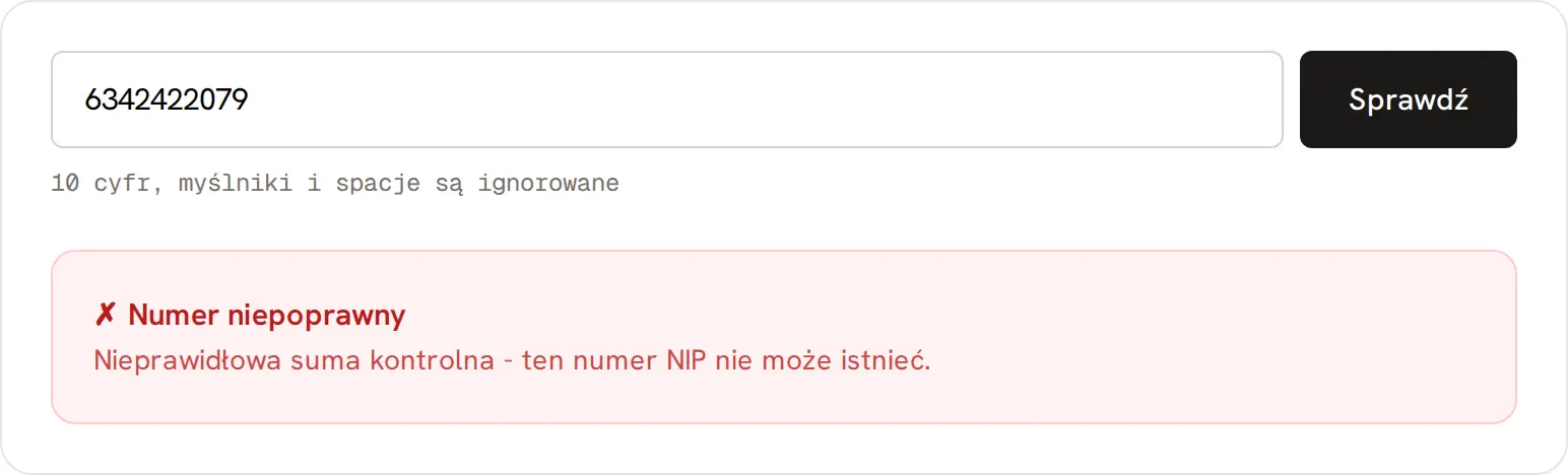 Walidator NIP: nieprawidłowa suma kontrolna