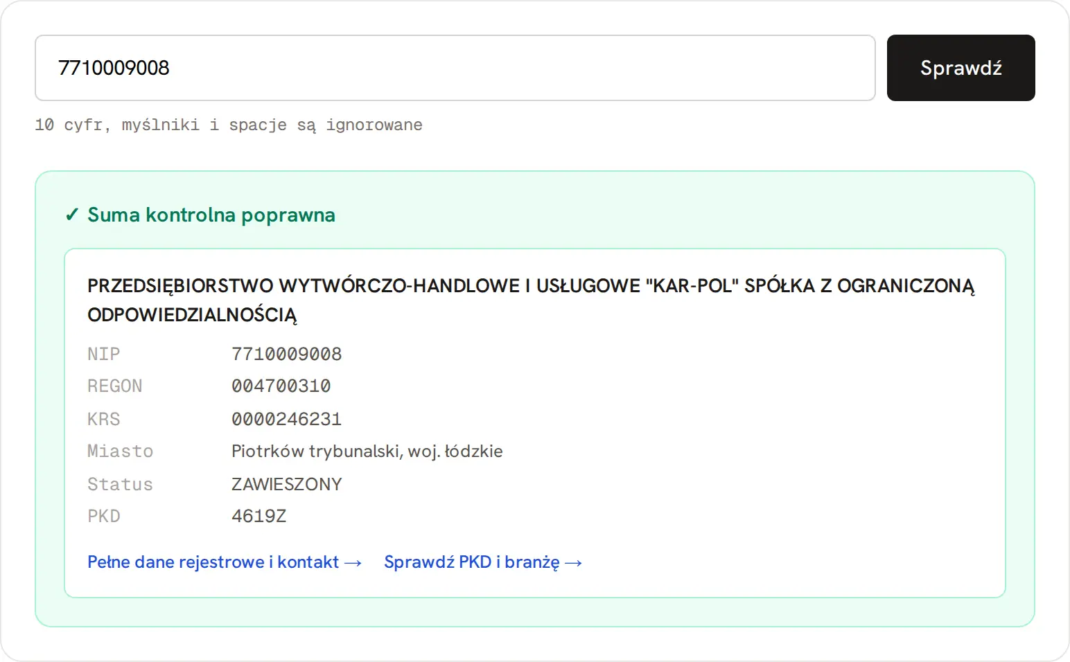Walidator NIP: spółka o statusie zawieszonym