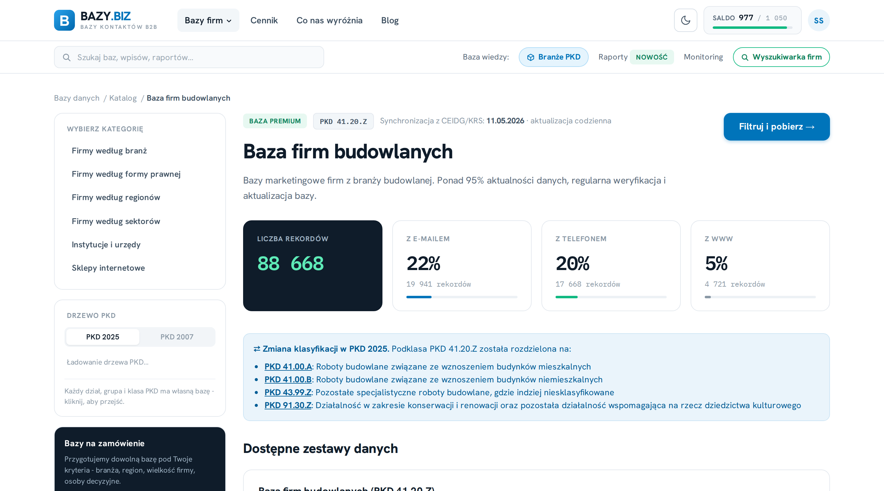 Strona bazy firm budowlanych PKD 41.20.Z: 88 668 rekord&oacute;w, 22 procent z e-mailem, 20 procent z telefonem
