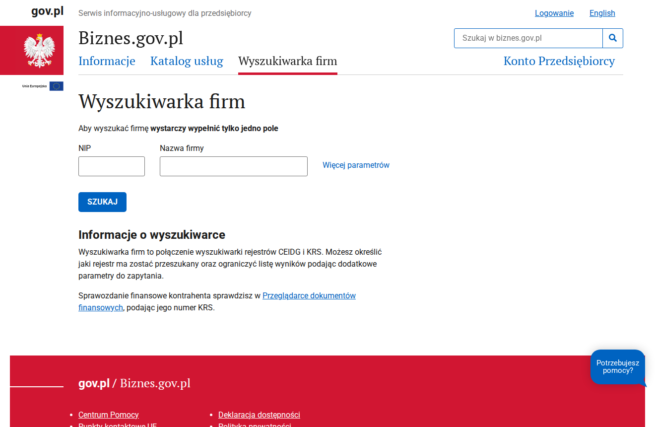 Rządowa Wyszukiwarka firm na biznes.gov.pl z polami NIP i nazwa firmy oraz przyciskiem Szukaj. Serwis łączy rejestry CEIDG i KRS.