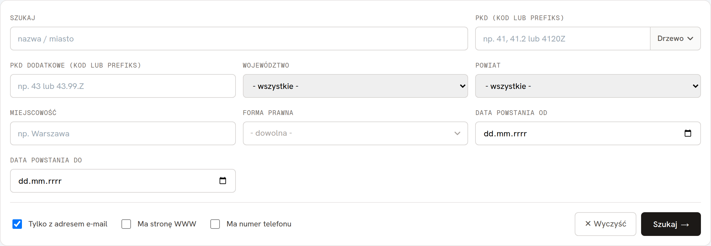 Filtry wyszukiwarki bazy.biz: PKD, wojew&oacute;dztwo, powiat, miejscowość, forma prawna, status i daty