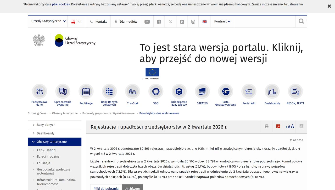 Strona GUS z publikacją o rejestracjach i upadłościach przedsiębiorstw w II kwartale 2026 roku