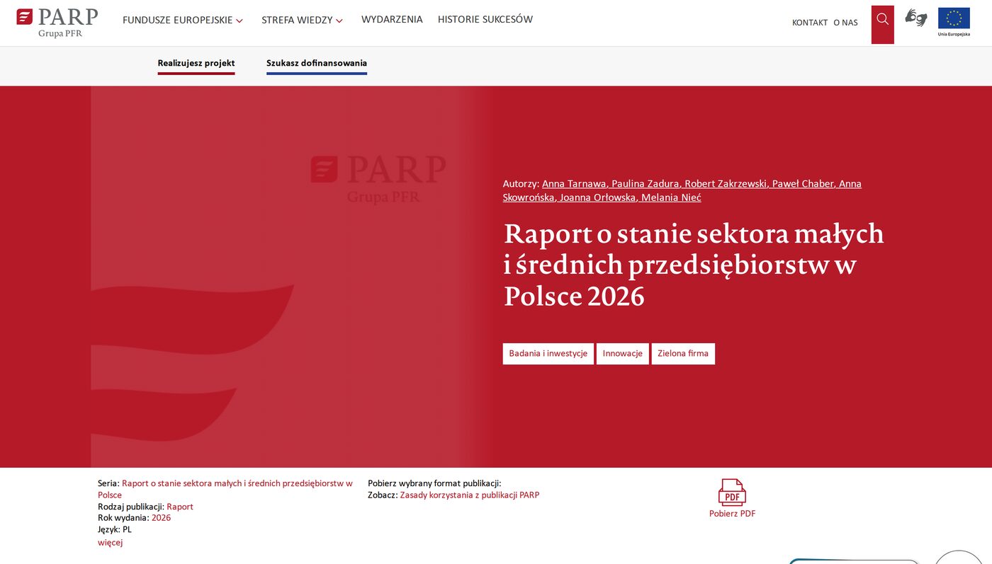 Strona raportu PARP o stanie sektora MŚP w Polsce 2026 z listą autor&oacute;w i przyciskiem pobierania PDF