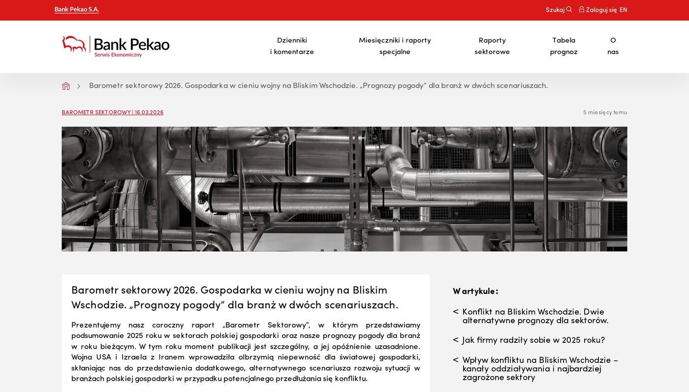 Strona Banku Pekao z Barometrem sektorowym 2026 i opisem dw&oacute;ch scenariuszy dla branż