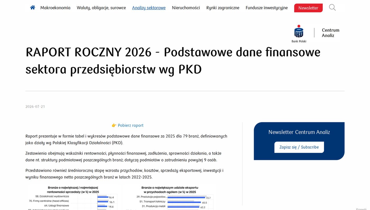Strona Centrum Analiz PKO BP z raportem rocznym 2026 o danych finansowych sektora przedsiębiorstw według PKD