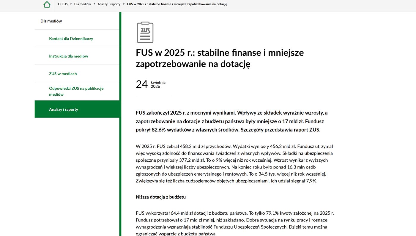 Strona ZUS z komunikatem o sytuacji finansowej Funduszu Ubezpieczeń Społecznych w 2025 roku