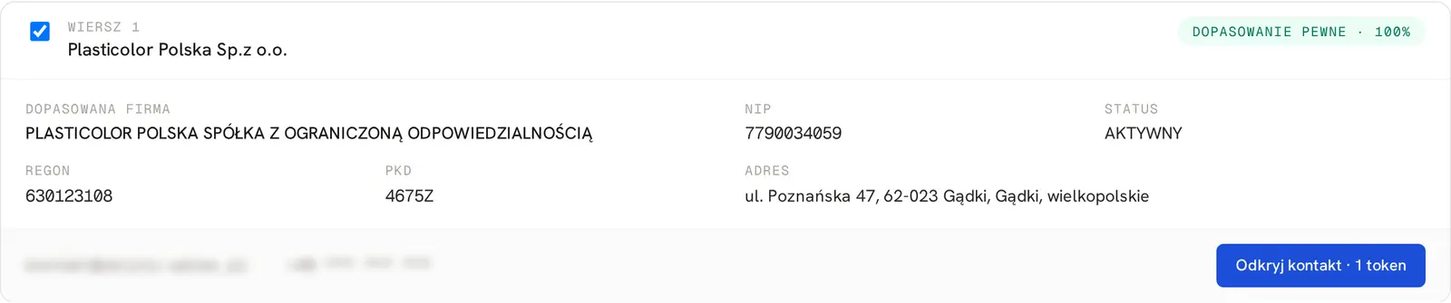 Pewne dopasowanie nazwy Plasticolor Polska do NIP-u z rejestru